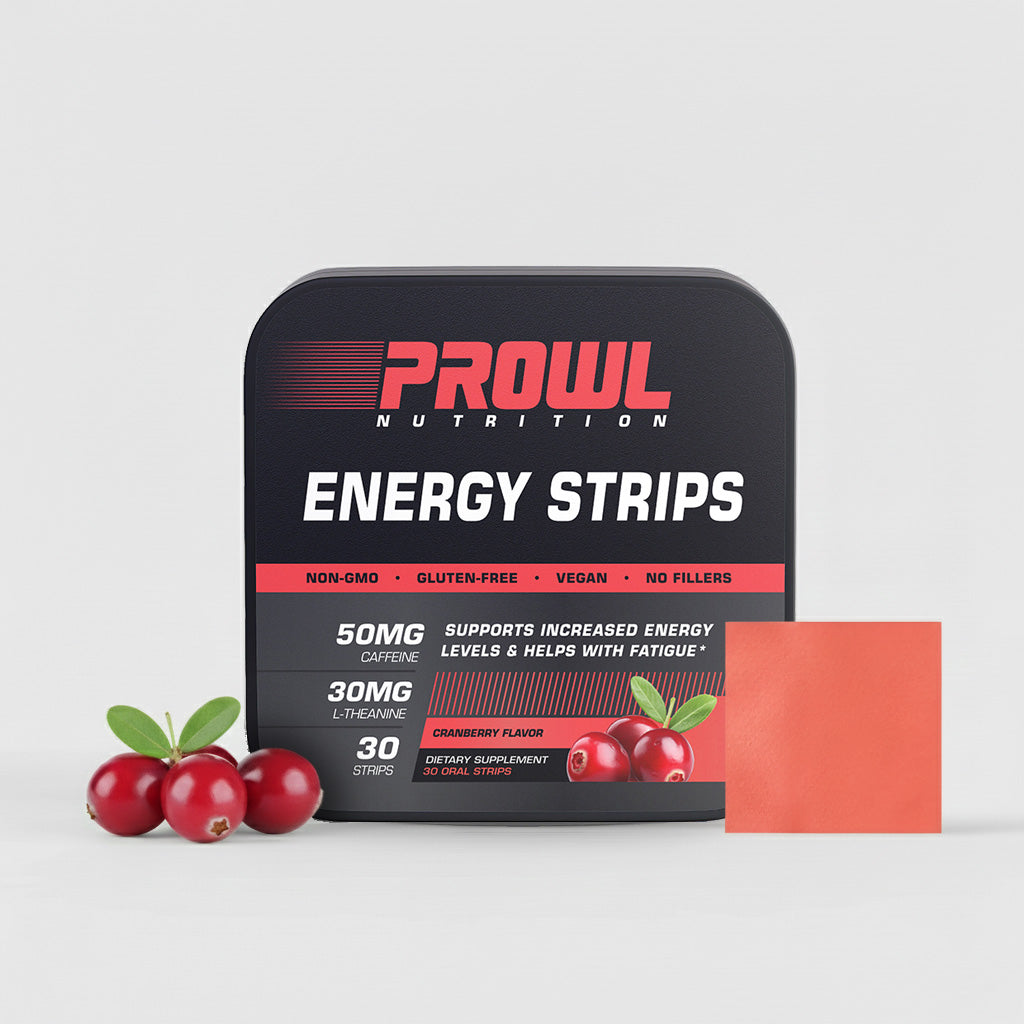 Prowl Nutrition energy strip packaging with a single strip and cranberries on a light gray background