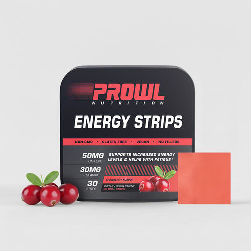 Prowl Nutrition energy strip packaging with a single strip and cranberries on a light gray background